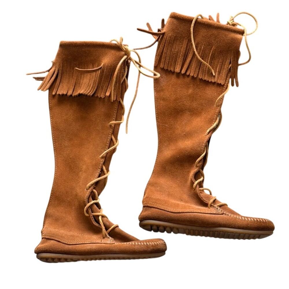 Minnetonka Women’s Brown Suede Leather Front Lace Knee High Moccasin Boots Sz 5